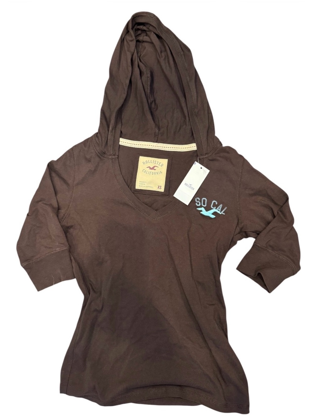 Hollister Brown Hooded V-Neck So Cal Top with Light Blue Logo